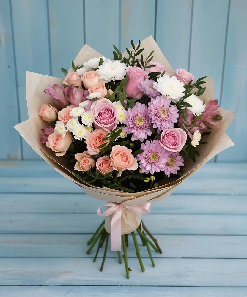 Букет цветов из: Хризантемы, Розы и Альстромерии в Сулаке