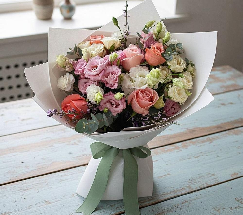 Букет цветов из: Розы, Лизиантусы и Гвоздики в Сулаке