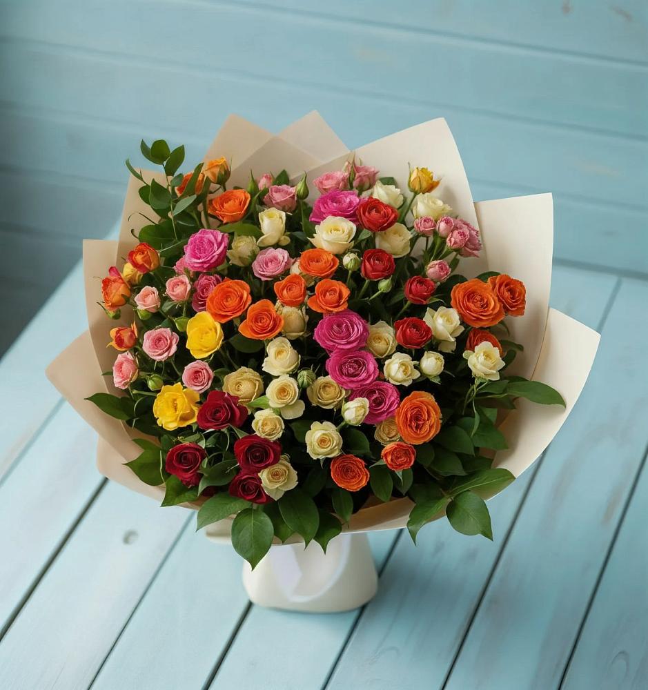 Букет Микс из разноцветных кустовых роз в Сулаке